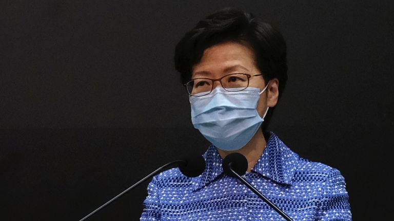 Hong Kong leader Carrie Lam addresses a weekly press conference wearing a facemask 