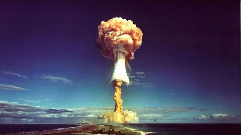 A mushroom cloud after the explosion of a French atomic bomb above the atoll of Mururoa, also known as Aopuni. 1971. From 1966until 1996 this was the French testing ground for 193 bombs which detonated first atmospheric, then underground. French Polynesia, Pacific. (PHoto by Galerie Bilderwelt/Getty Images)
