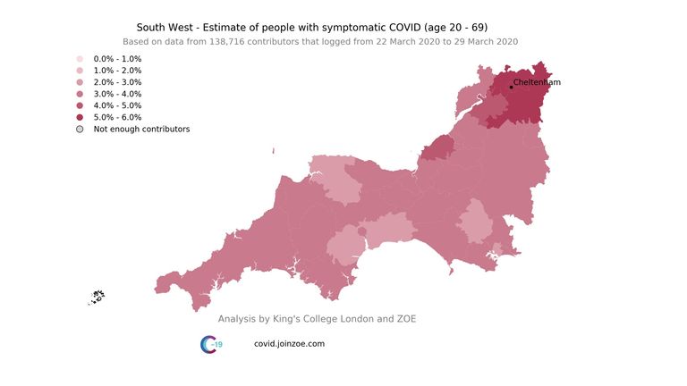 The 2 regional maps show that approx. 2 weeks after both events (29th March) both areas were hotspots, with significant higher percentage of predicted symptomatic COVID. Pic: Kings College London