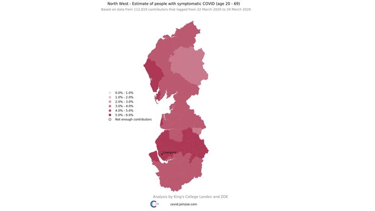 The 2 regional maps show that approx. 2 weeks after both events (29th March) both areas were hotspots, with significant higher percentage of predicted symptomatic COVID. Pic: Kings College 