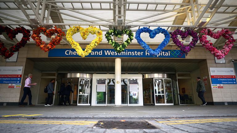 A floral display is seen outside Chelsea and Westminster Hospital in London, following the outbreak of the coronavirus disease (COVID-19), London, Britain, May 5, 2020. REUTERS/Hannah McKay