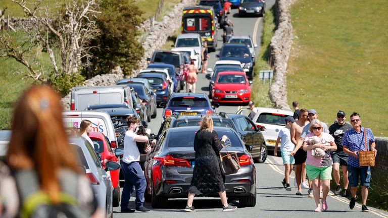 Gridlock stretches on a road in Burnsall in the Yorkshire Dales, as people flock to parks and beaches with lockdown measures eased.