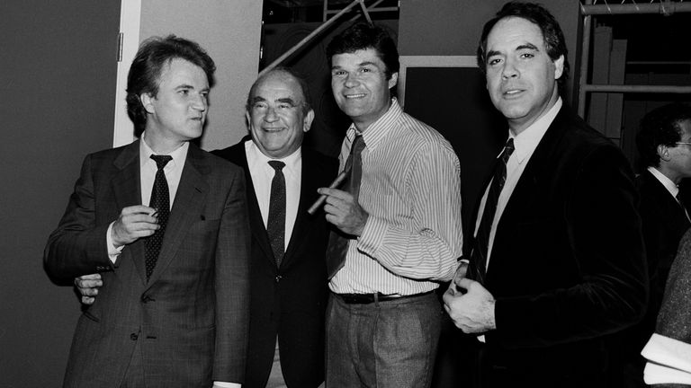 Dave Thomas, Ed Asner, Fred Willard and Robert Klein at the Vic Theater in Chicago in 1979