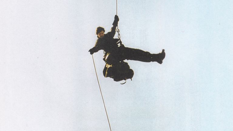 Lt Col Diane Allen midway through a heli abseil