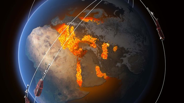 The magnetic field is thought to be largely generated by an ocean of superheated, swirling liquid iron that makes up Earth’s the outer core 3000 km under our feet. Acting like the spinning conductor in a bicycle dynamo, it generates electrical currents and thus the continuously changing electromagnetic field. Other sources of magnetism come from minerals in Earth’s mantle and crust, while the ionosphere, magnetosphere and oceans also play a role. ESA’s constellation of three Swarm satellites is 