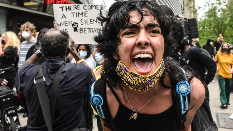 Protesters clash with police during a rally against the death of Minneapolis, Minnesota man George Floyd at the hands of police on May 28, 2020 in Union Square in New York City