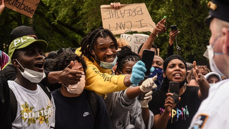 Protesters clash with police during a rally against the death of Minneapolis, Minnesota man George Floyd at the hands of police on May 28, 2020 in Union Square in New York City