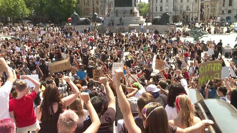 Thousands gather in Trafalgar Square in solidarity of those protesting against the killing of George Floyd