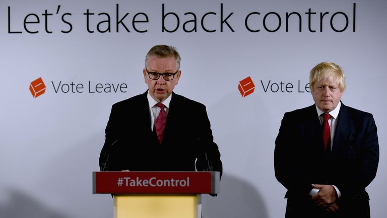 Michael Gove and Boris Johnson in front of the Take Back Control slogan