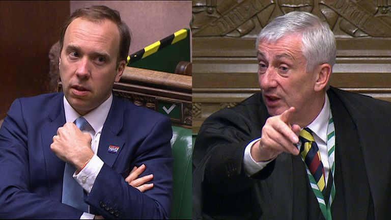 The Speaker takes exception to the health secretary interrupting Labour leader Sir Keir Starmer during PMQs in the Commons.