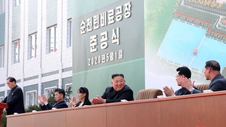 North Korean leader Kim Jong Un attends the completion of a fertiliser plant, together with his younger sister Kim Yo Jong, in a region north of the capital, Pyongyang, in this image released by North Korea&#39;s Korean Central News Agency (KCNA) on May 2, 2020