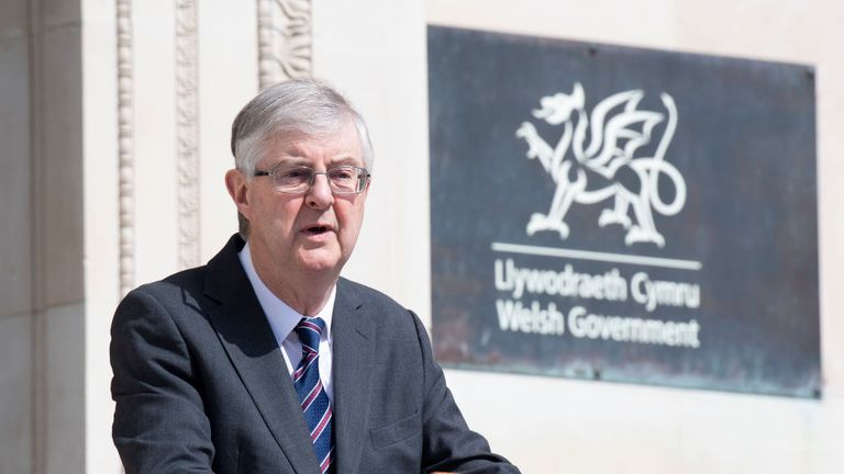 CARDIFF, UNITED KINGDOM - MAY 08: The First Minister of Wales Mark Drakeford speaks to the press ahead of a 2-minute silence outside the Welsh Government building on May 08, 2020 in Cardiff, United Kingdom. The UK commemorates the 75th Anniversary of Victory in Europe Day (VE Day) with a pared-back rota of events due to the coronavirus lockdown. On May 8th, 1945 the Allied Forces of World War II celebrated the formal acceptance of surrender of Nazi Germany. (Photo by Matthew Horwood/Getty Images