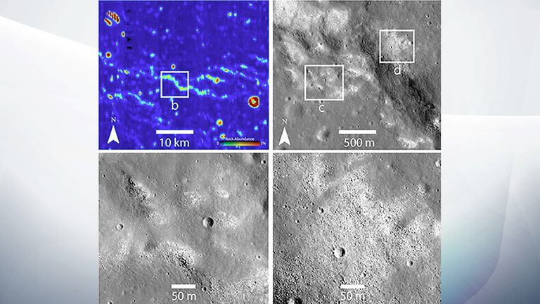 Infrared (top left) and other images from NASA's Lunar Reconnaissance Orbiter revealed strange, bare places where the omnipresent moon dust is missing. The spots suggest an active tectonic process. Pic: NASA