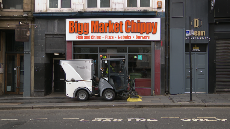 A street cleaner is the only traffic at the Bigg Market in Newcastle's city centre