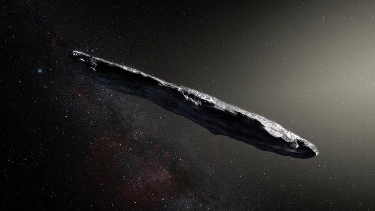 Artist&#39;s concept of interstellar object1I/2017 U1 (&#39;Oumuamua) as it passed through the solar system after its discovery in October 2017. The aspect ratio of up to 10:1 is unlike that of any object seen in our own solar system. Image Credit: European Southern Observatory / M. Kornmesser
