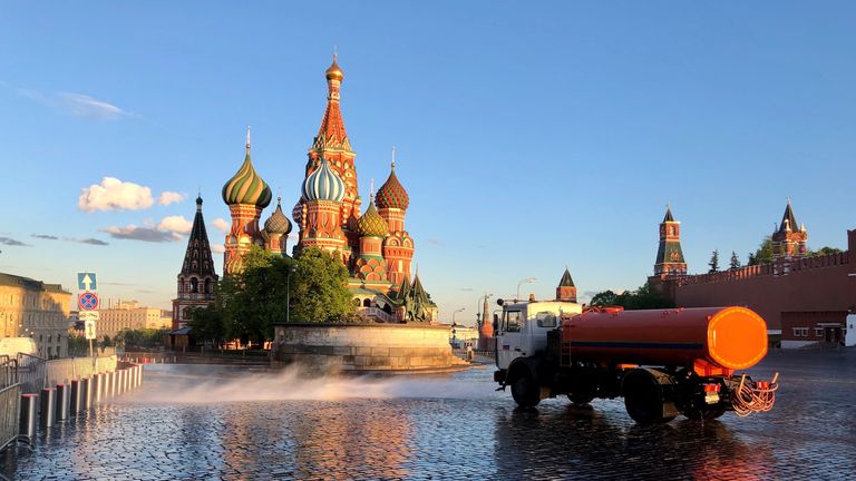 A lorry is seen spraying disinfectant in Moscow's famous Red Square. Pic: Anastasia Leonova