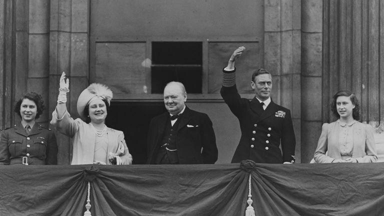 Princess Elizabeth joins her family and Winston Churchill during VE Day celebrations