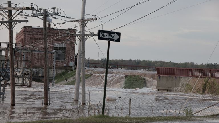 Floodwaters overflow at Sanford Dam, Michigan