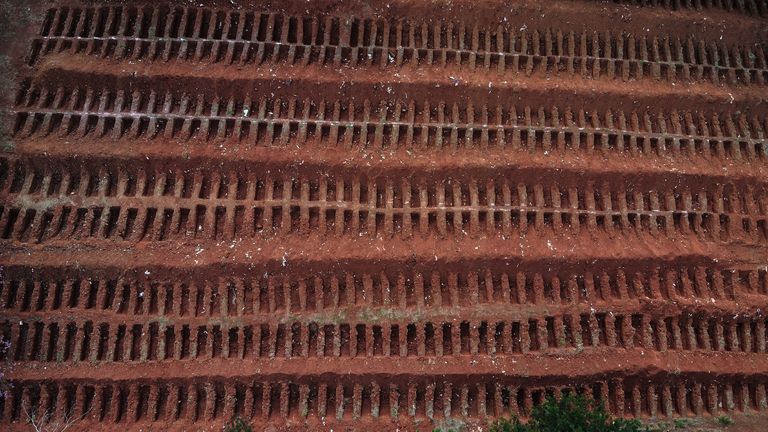 Aerial view of dug graves at the Vila Formosa Cemetery on the outskirts of Sao Paulo, Brazil 