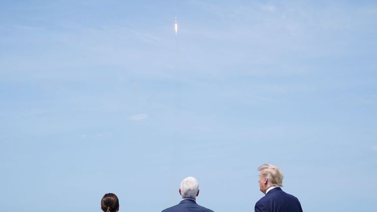 (L-R) Karen Pence, US Vice President Mike Pence and US President Donald Trump watch the SpaceX launch at the Kennedy Space Center in Florida on May 30, 2020. - Trump traveled to Kennedy Space Center in Florida to watch the launch of the manned SpaceX Demo-2 mission to the International Space Station. (Photo by MANDEL NGAN / AFP) (Photo by MANDEL NGAN/AFP via Getty Images)

