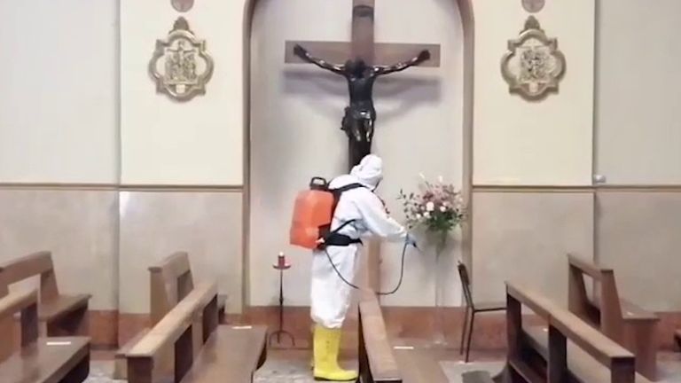 Church interior is disinfected in Verona