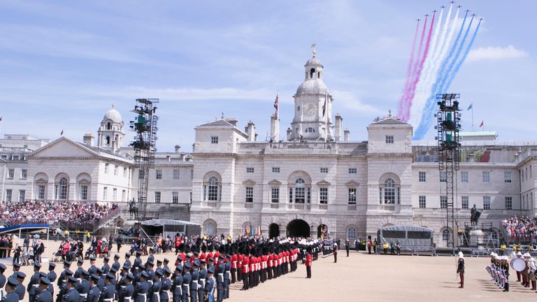 File photo dated 10/05/15 showing the Red Arrows flying over Horse Guards Parade during the VE Day Parade to mark the 70th anniversary of VE Day, at Whitehall in London, marking the end of the Second World War in Europe now 75 years ago.
