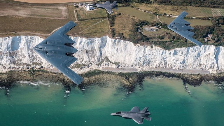 UK F-35 Lightning jets with US B-2 stealth bombers in August 2019. Pic: RAF