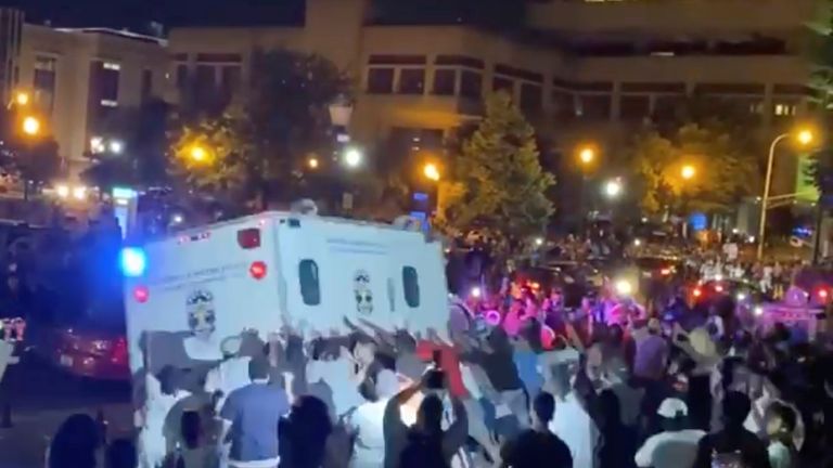 Demonstrators rock a police van side-to-side in front of the courthouse during protests in Louisville, Kentucky, U.S., over the police killing of Breonna Taylor, a black woman fatally shot in her apartment in March, May 28, 2020 in this still image taken from social media video. Content filmed May 28, 2020. Instagram/@the_stable_genius via REUTERS THIS IMAGE HAS BEEN SUPPLIED BY A THIRD PARTY. MANDATORY CREDIT. NO RESALES. NO ARCHIVES
