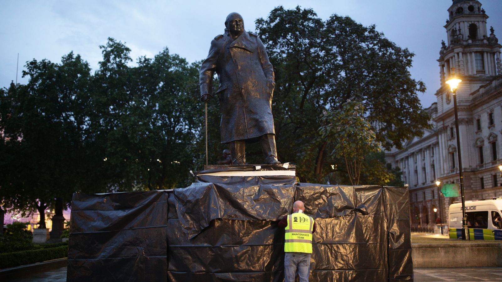 Winston Churchill statue boarding removed for Macron's visit to London UK News Sky News