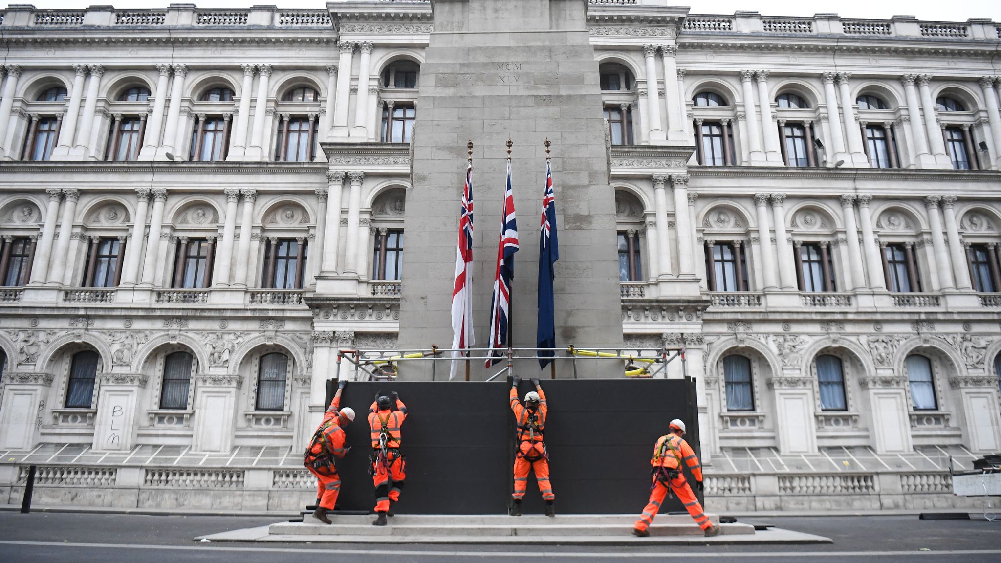 Black Lives Matter Winston Churchill monument and Cenotaph boarded up
