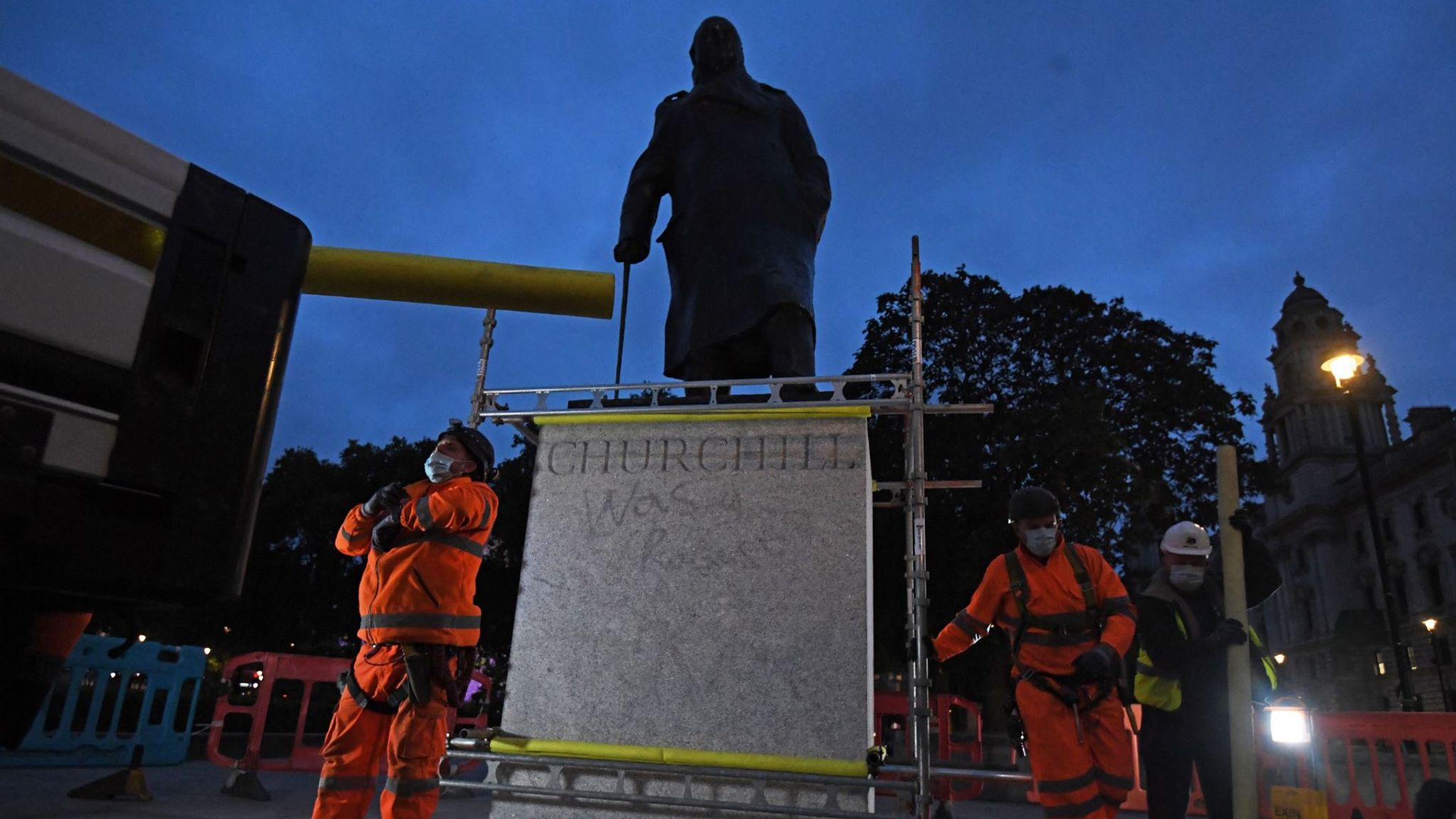 Black Lives Matter Winston Churchill monument and Cenotaph boarded up