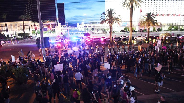 LAS VEGAS, NEVADA - MAY 31: Protesters attend a demonstration demanding justice for the death of George Floyd on May 31, 2020 in Las Vegas, Nevada. Demonstrations are being held across the country after Floyd died in police custody on May 25th in Minneapolis, Minnesota. (Photo by Denise Truscello/Getty Images )