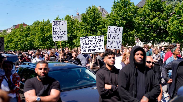 People demonstrate in front of the US Embassy in Copenhagen, Denmark, on May 31, 2020, to express their feelings in regard to the death of 46 year old George Floyd, an unarmed black man who died during his arrest in Minneapolis on May 25, 2020. (Photo by Ida Guldbaek Arentsen / Ritzau Scanpix / AFP) / Denmark OUT (Photo by IDA GULDBAEK ARENTSEN/Ritzau Scanpix/AFP via Getty Images)