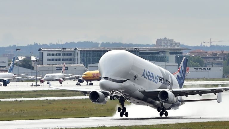 Airbus' Beluga XL takes off from Toulouse Blagnac airport on April 30, 2020. - The aircraft entered service on January 09, 2020, after receiving its type certification on 13 November 2019. (Photo by REMY GABALDA / AFP) (Photo by REMY GABALDA/AFP via Getty Images)