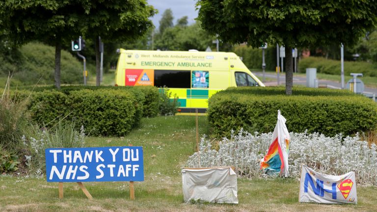 An ambulance passes Thank You NHS signs near Worcestershire Royal Hospital. Sunday May 17 2020