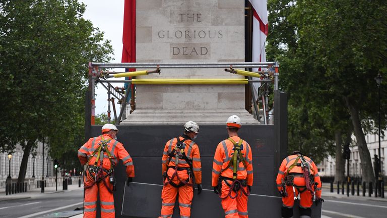 Scaffolders erect boarding around the Cenotaph on Whitehall, London, following a raft of Black Lives Matter protests that took place across the UK over the weekend. The protests were sparked by the death of George Floyd, who was killed on May 25 while in police custody in the US city of Minneapolis.