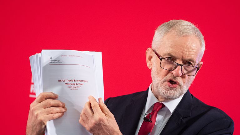 Labour leader Jeremy Corbyn holds an unredacted copy of the Department for International Trade's UK-US Trade and Investment Working Group report following a speech about the NHS, in Westminster, London.