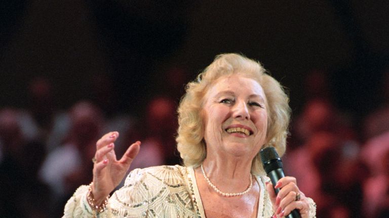 Dame Vera Lynn singing during the VE Day 50th Anniversary celebration in 1995