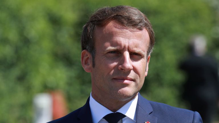 French President Emmanuel Macron arrives to visit a factory of manufacturer Valeo in Etaples, near Le Touquet, northern France on May 26, 2020 as part of the launch of a plan to rescue the French car industry. (Photo by Ludovic MARIN / POOL / AFP) (Photo by LUDOVIC MARIN/POOL/AFP via Getty Images)