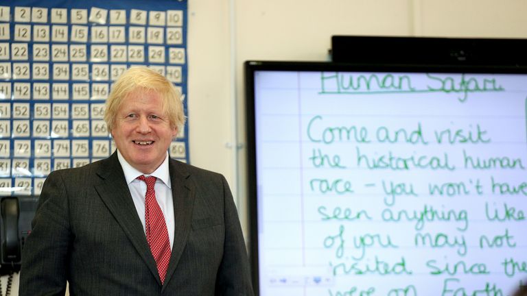BOVINGDON, ENGLAND - JUNE 19: Prime Minister Boris Johnson joins a socially distanced lesson during a visit to Bovingdon Primary School on June 19, 2020 near Hemel Hempstead. The Government have announced a GBP 1 billion plan to help pupils catch up with their education before September after spending months out of school during the coronavirus lockdown. (Photo by Steve Parsons - WPA Pool/Getty Images)