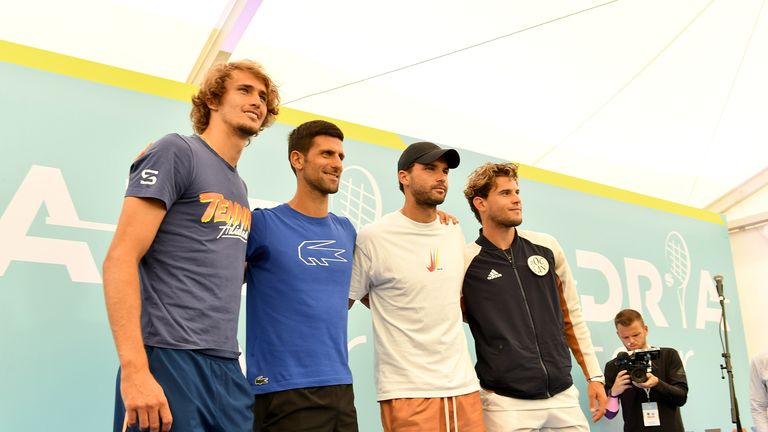 BELGRADE, SERBIA - JUNE 12: (BILD ZEITUNG OUT) Alexander Zverev, Novak Djokovic, Grigor Dimitrov, Dominic Thiem are seen during the Adria Tour Tennis on June 12, 2020 in Belgrade, Serbia. (Photo by TF-Images/Getty Images)