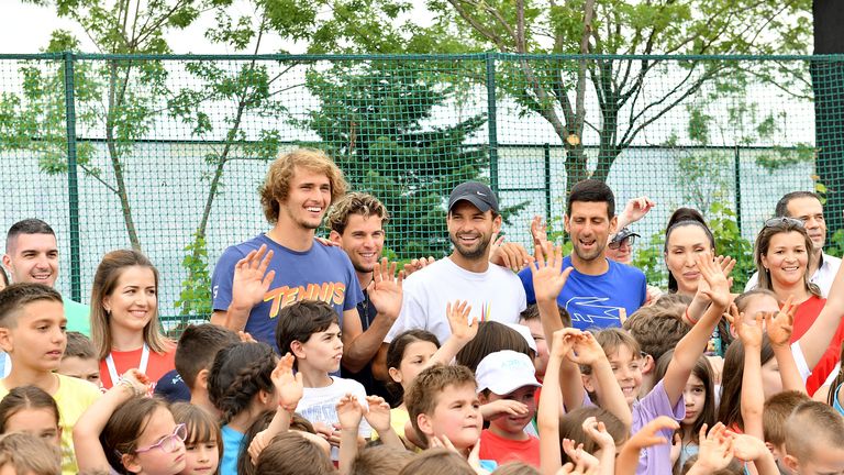 BELGRADE, SERBIA - JUNE 12: (BILD ZEITUNG OUT) Alexander Zverev, Dominic Thiem, Grigor Dimitrov, Novak Djokovic, Jelena Jankovic are seen during the Adria Tour Tennis on June 12, 2020 in Belgrade, Serbia. (Photo by TF-Images/Getty Images)