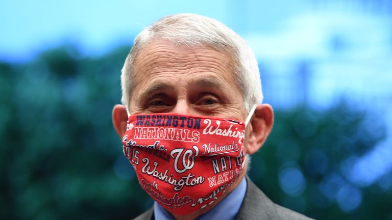 WASHINGTON, DC - JUNE 23:  Dr. Anthony Fauci, director of the National Institute for Allergy and Infectious Diseases, wears a face mask bearing the name of the Major League Baseball Washington Nationals before a hearing of the House Committee on Energy and Commerce on Capitol Hill on June 23, 2020 in Washington, DC. The committee is investigating the Trump administration's response to the COVID-19 pandemic.  (Photo by Kevin Dietsch-Pool/Getty Images)