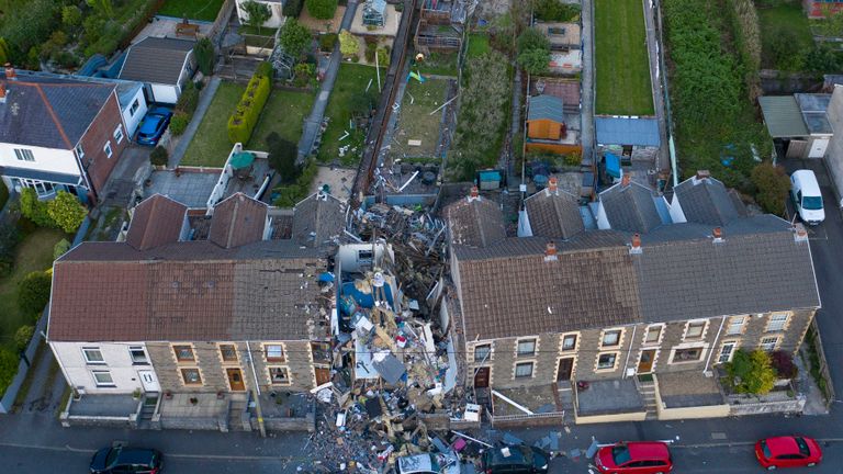 SEVEN SISTERS, WALES - JUNE 24: An aerial view of the scene following a house explosion on Church Road on June 24, 2020 in Seven Sisters, Wales. Two children and an adult have been hurt following an explosion at a house in Severn Sisters earlier today. (Photo by Matthew Horwood/Getty Images)