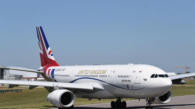 The RAF Voyager used by the Prime Minister and the royal family on the runway at Cambridge airport where it has been repainted in the colours of the Union flag at a cost of almost 1 million.