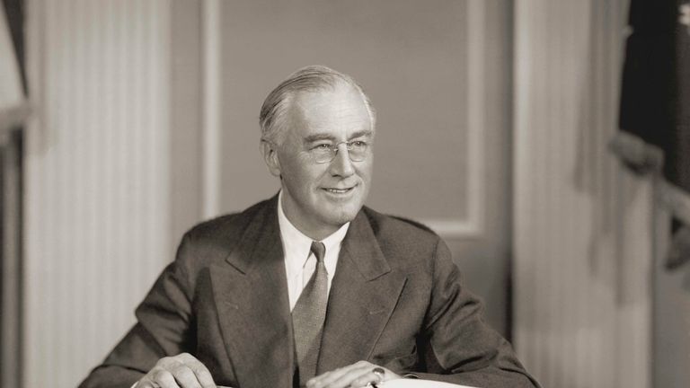 circa 1942: Seated portrait of Franklin D. Roosevelt (1882-1945), president of the United States (1933-1945), who developed government reforms known as the New Deal, secured establishment of Securities and Exchange Commission (1934), and the Social Security system (1935). (Photo by Stock Montage/Getty Images)