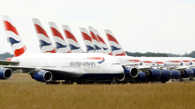 British Airways Airbus A380 airplanes are stored on the tarmac of Marcel-Dassault airport at Chateauroux during the outbreak of the coronavirus disease (COVID-19) in France June 10, 2020. Picture taken June 10, 2020. REUTERS/Charles Platiau
