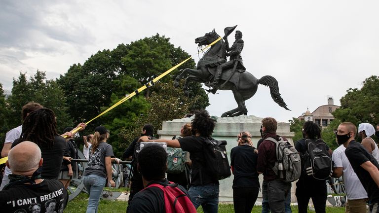 Protesters try to pull down Andrew Jackson statue