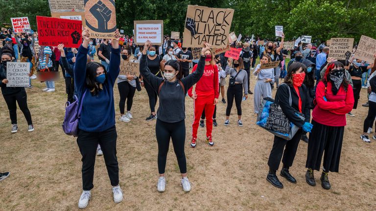 Protesters respond to the the death of George Floyd, in Minneapolis last week, by gathering in Hyde Park as part of a day of action against discrimination. Pic: Guy Bell/Shutterstock 