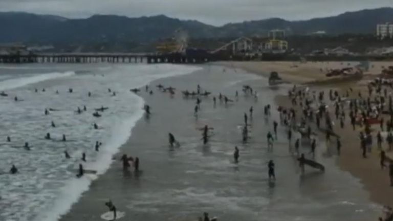 Surfers held a solidarity paddle at California’s Santa Monica Beach on June 5 in support of the Black Lives Matter movement and protests being held across the United States.